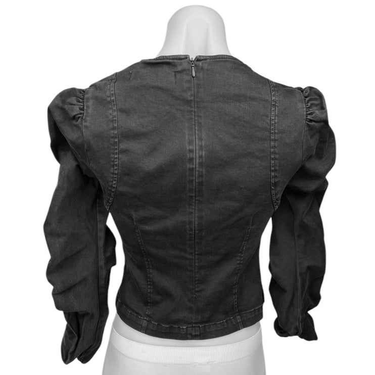 Zara Black Denim Ruched Puff Sleeve Zip Up Crop Jean Shirt Blouse Top Size XS