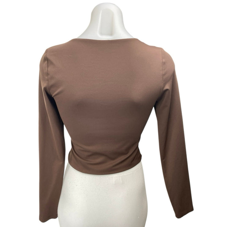 Aritzia Babaton Women's Brown Plunge V-neck Long Sleeve Slim Crop Blouse Top M