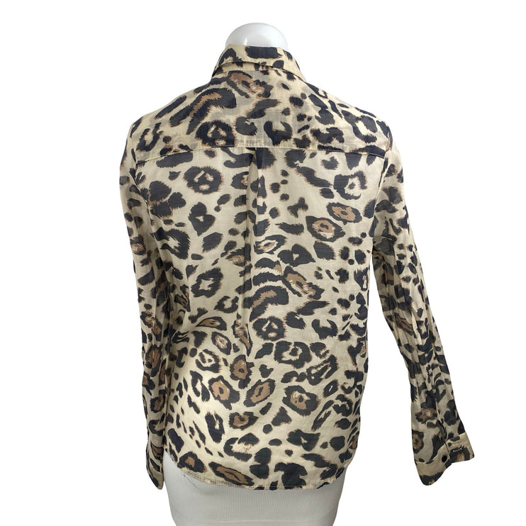Emi-Jo Women's Leopard Print Collared Long Sleeve Button Down Shirt Blouse Top M