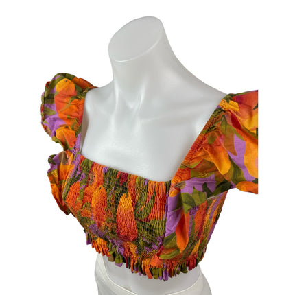 Farm Rio Coral Pears Short Ruffle Sleeve Square Neck Blouse Crop Top Size XSP