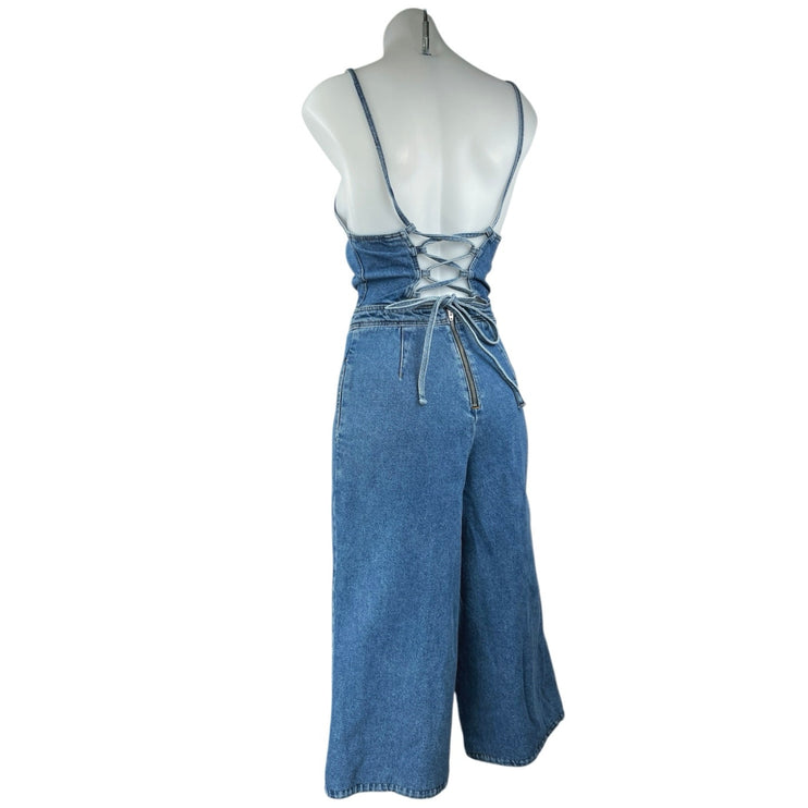 ASOS Women's Blue Sleeveless Lace Up Back Wide Leg Capri Denim Jean Jumpsuit 2