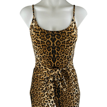 Fashion Nova Tan Black Sleeveless Tie Leopard Cami Tank Flared Jumpsuit Size S