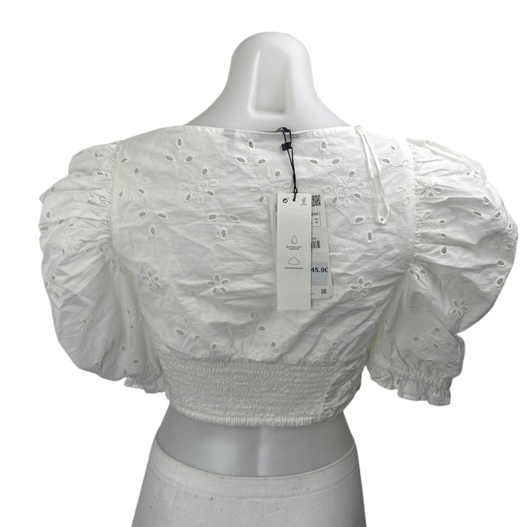 NEW Zara Women's White Eyelet Embroidered Short Puff Sleeve Crop Blouse Top Sz S