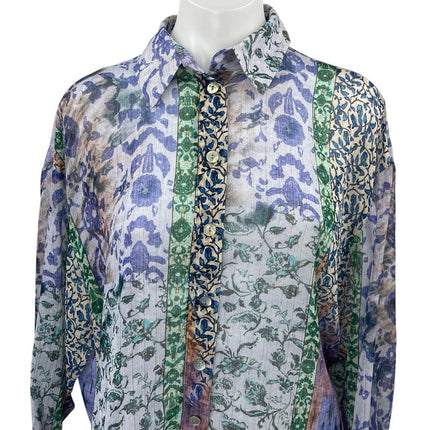 Zara Multicolor Floral Colorblock Striped Long Sleeve Button Down Shirt Top Sz M