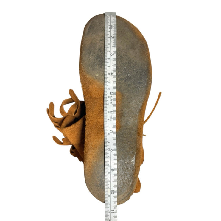 Taos Brown Fringed Suede Leather Tie Button Mid Calf Moccasin Boots Size 10.75