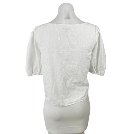Ann Taylor Women's White Embroidered Boat Neck Short Puff Sleeve Blouse SIze L