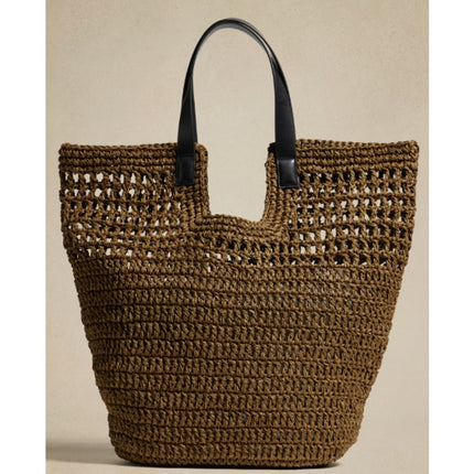 Banana Republic Paper Straw Shopper Tan Black Strap Vegan Beach Tote Bag OS