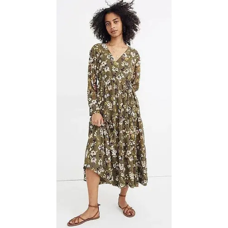Madewell Olive Green Floral Long Sleeve V Neck Faux Wrap Tiered Midi Dress Sz S
