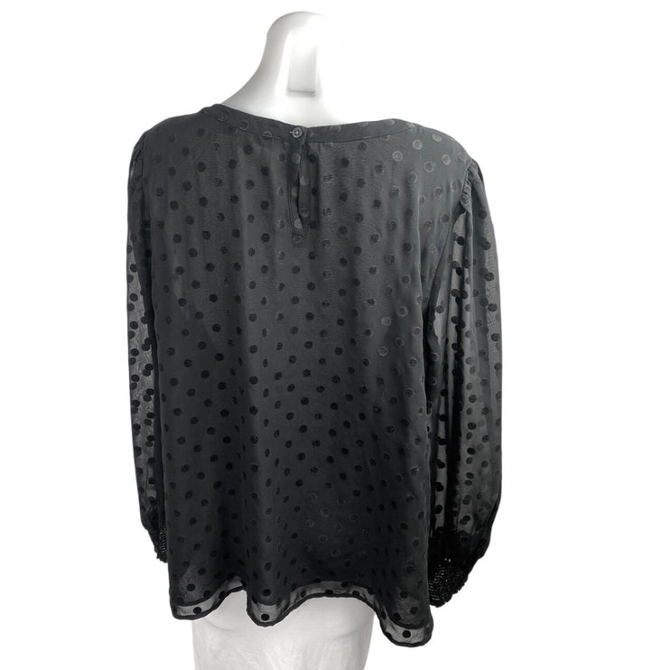 Ann Taylor LOFT Black Sheer Long Balloon Sleeve Polka Dots Blouse Top Size XL