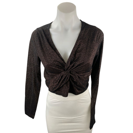 Abercrombie & Fitch Womens Brown Glitter Long Sleeve Twist Front Crop Top Size M