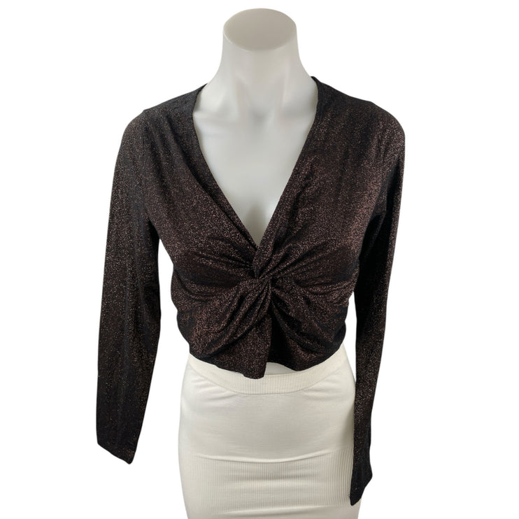 Abercrombie & Fitch Womens Brown Glitter Long Sleeve Twist Front Crop Top Size M