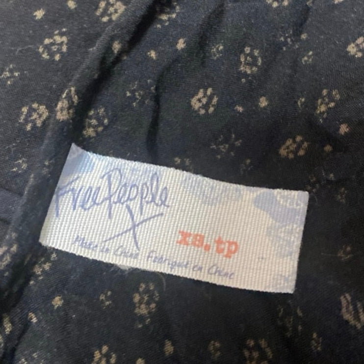 Free People Black Beige Floral Long Bell Sleeve V Neck Mini Tunic Dress Size XS