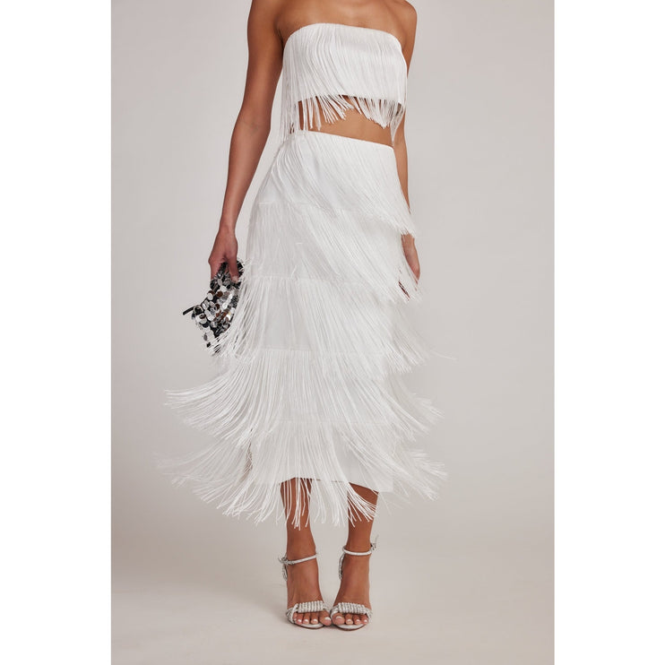 12th Tribe NWT White Gatsby Fringe Layered Straight Pencil Boho Midi Skirt Sz S