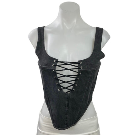 Maria Jovrea Black Lace Up Sleeveless Longline Corset Bustier Crop Top Size S