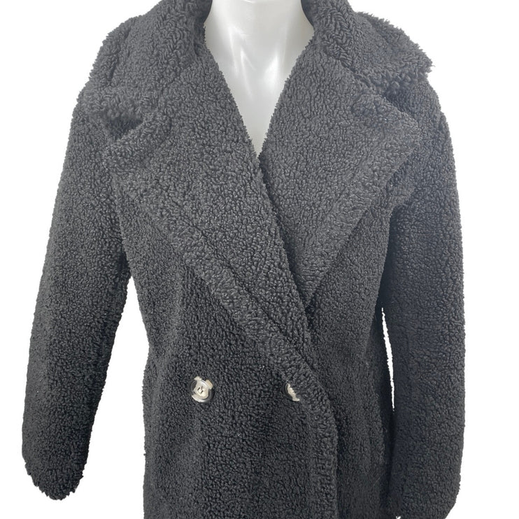 Apparis Women's Black Sherpa Fleece Double Breasted Teddy Trench Coat Jacket XS