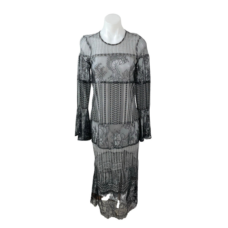 NEW BCBGMAXAZRIA Black Metallic Lace Long Bell Sleeve Maxi Shift Dress Size XXS