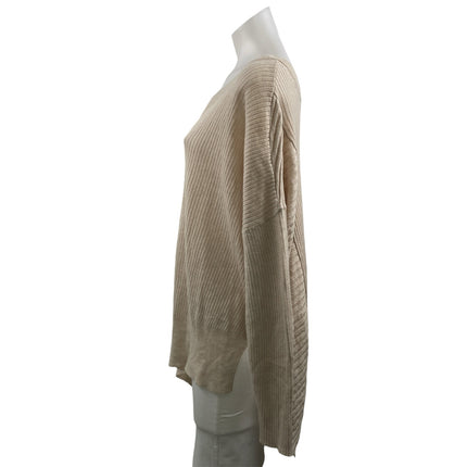 AllSaints Women's Beige Ribbed Knit Wool V Neck Asymmetric Sweater Top Size L