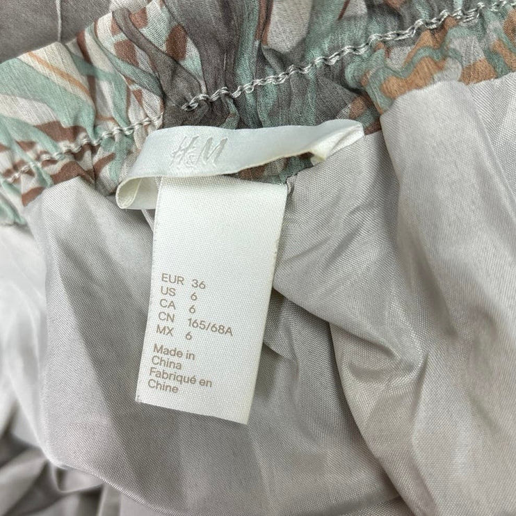 H&M Green Gray Palm Tropical Print Elastic Waist Pull On Mini A Line Skirt Sz 6