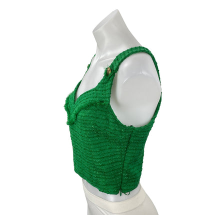 Zara Women's Green Tweed Gold Button Sleeveless V Neck Tank Crop Top Size S