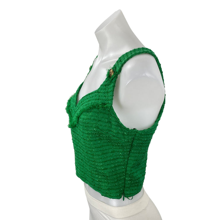 Zara Women's Green Tweed Gold Button Sleeveless V Neck Tank Crop Top Size S