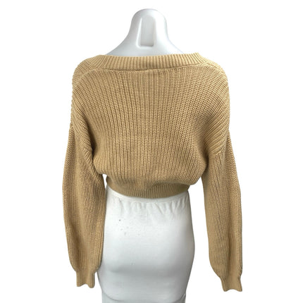 H&M Tan Khaki Long Sleeve V Neck Button Down Cropped Cardigan Sweater Top XS