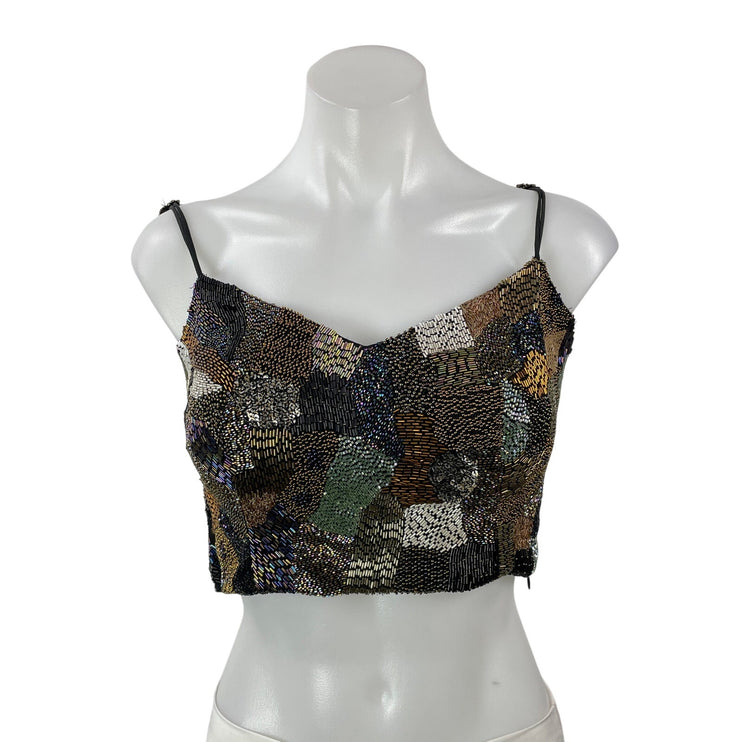Women's Black Beaded Patchwork Mesh Sleeveless V Neck Cami Tank Crop Top Size S