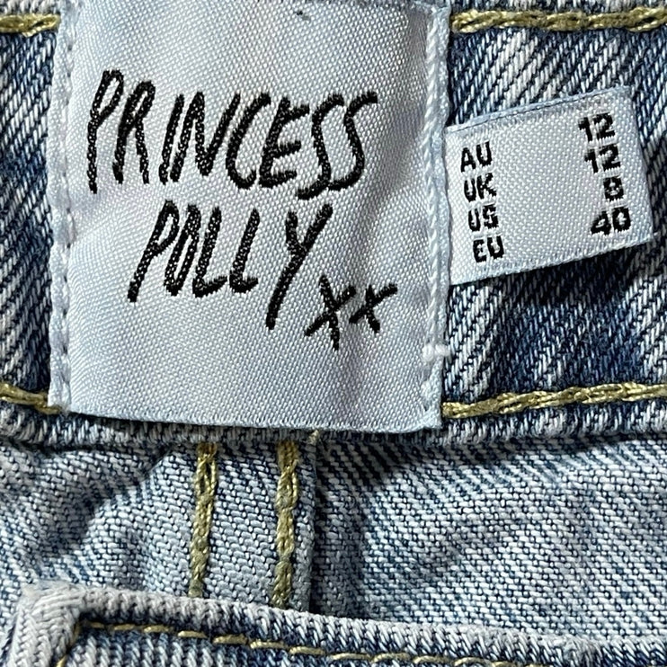 Princess Polly Women's Blue Mid Rise Y2K A Line Mini Denim Jean Skirt Size 8