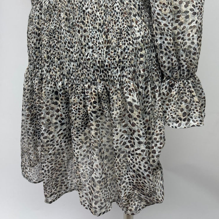 Zara Brown Tan Leopard Animal Print Front Keyhole Ruffle Tiered Mini Dress Sz XS