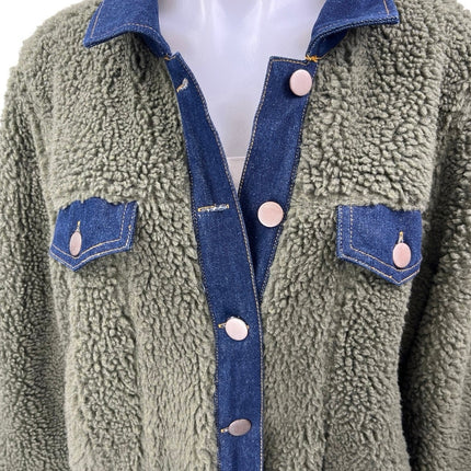Brooklyn Karma Green Blue Denim Sherpa Fleece Collar Button Down Coat Jacket M