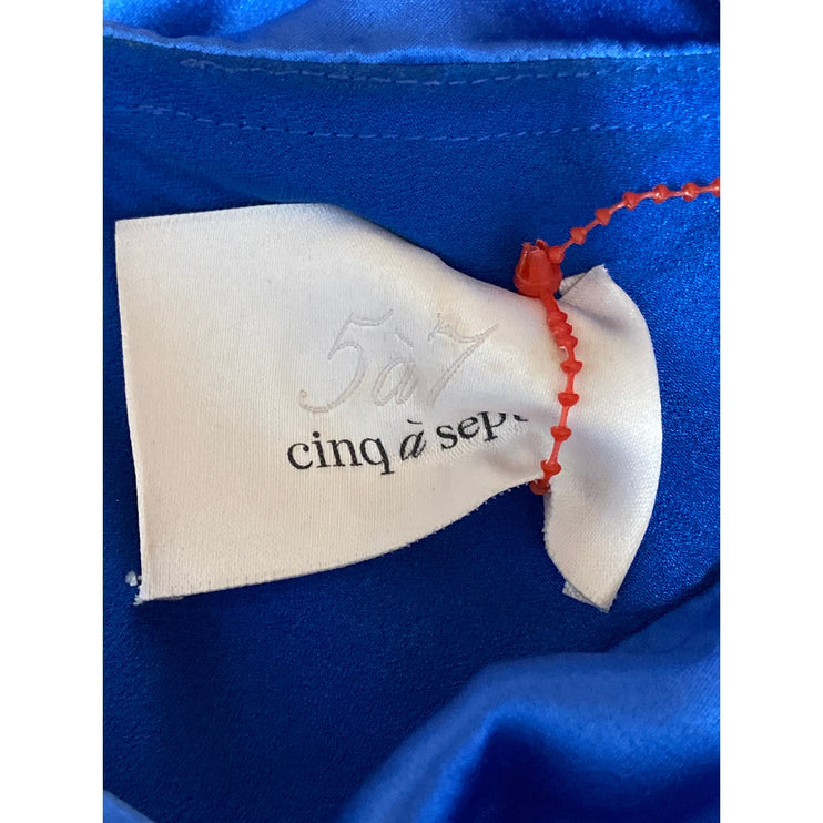 Cinq a Sept Blue Silk Satin Fringe Sleeveless Slit Cami Blouson Midi Dress Sz M
