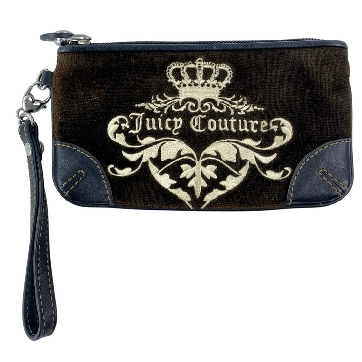 Juicy Couture Brown Velour Velvet Leather Embroidered Cards Wristlet Pouch Purse
