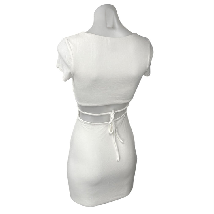 Princess Polly White Short Sleeve Knit Tie Back Cutout Mini Bodycon Dress Size 0