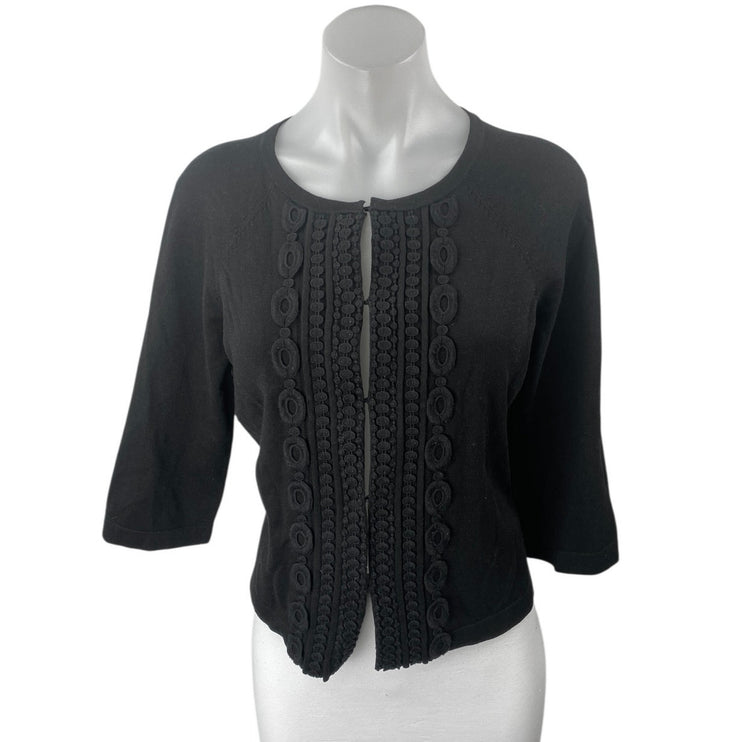 Ann Taylor Black Crochet Embroidered Half Sleeve Blazer Cardigan Blouse Top L