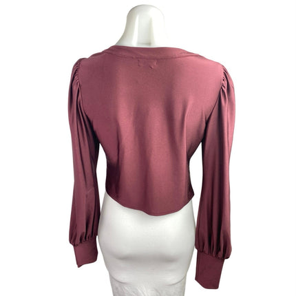 AFRM Red Maroon Plunge V-neck Long Puff Sleeve Ruched Crop Blouse Top Size M