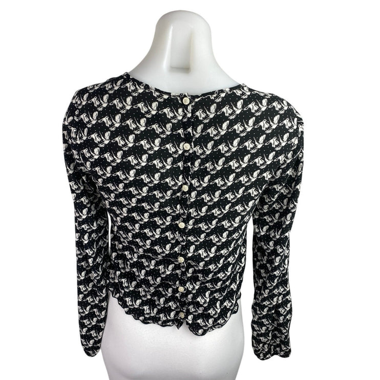 Aeropostale Black Animal Bird Print Long Sleeve Crop Shirt Blouse Top Size S