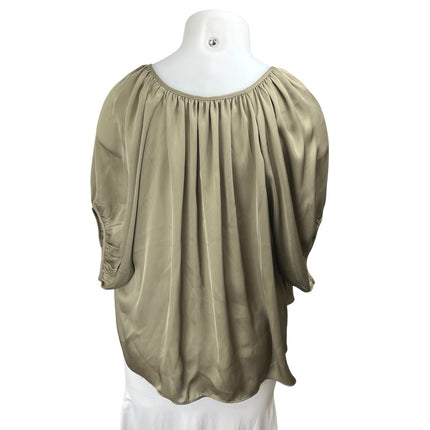 H&M Green Silky Satin Short Puff Sleeve Tie Neck Oversized Peasant Blouse Top XL