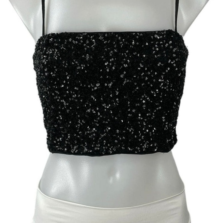 Express Black Sequin Sparkly Square Neck Sleeveless Cami Tank Crop Top Size S