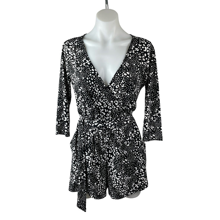 Gilli Black White Polka Dots Long Sleeve V Neck Tie Waist Romper Shorts Size S