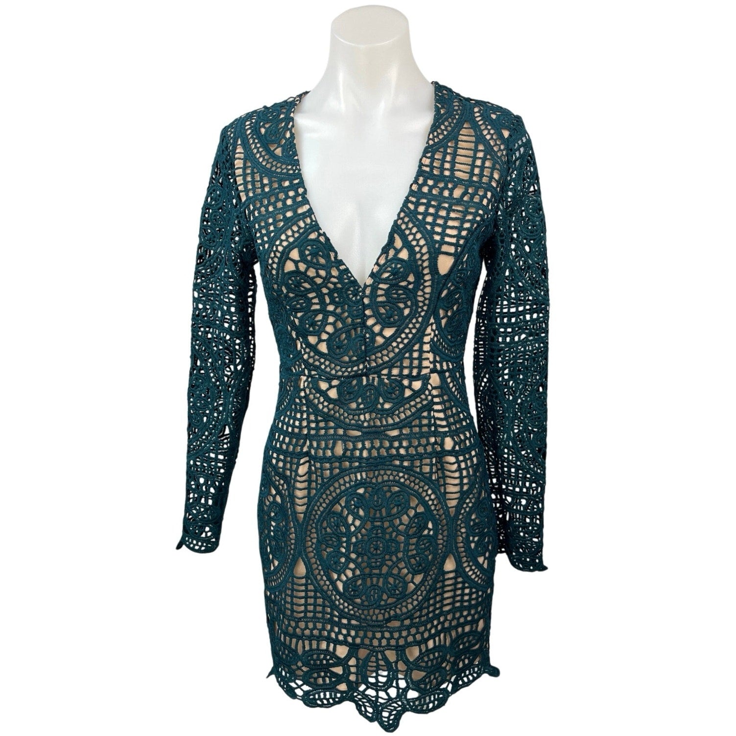 Do+Be Green Nude Crochet Knitted V-neck Party Cocktail Mini Bodycon Dress Size S Do+Be Green Nude Crochet Knitted V-neck Party Cocktail Mini Bodycon Dress Size S