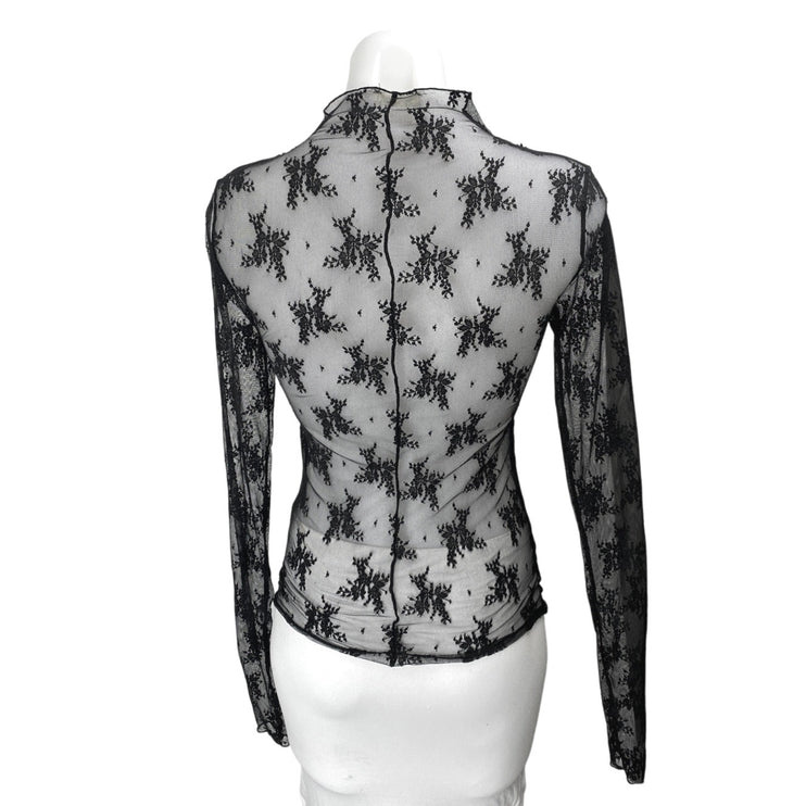 Free People Black Mesh Sheer Long Sleeve Mock Neck Floral Blouse Top Size S