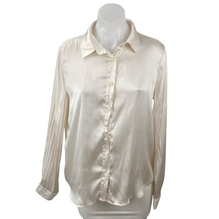 Mi Ami White Silky Satin Collared Long Sleeve Button Down Shirt Blouse Top Sz M