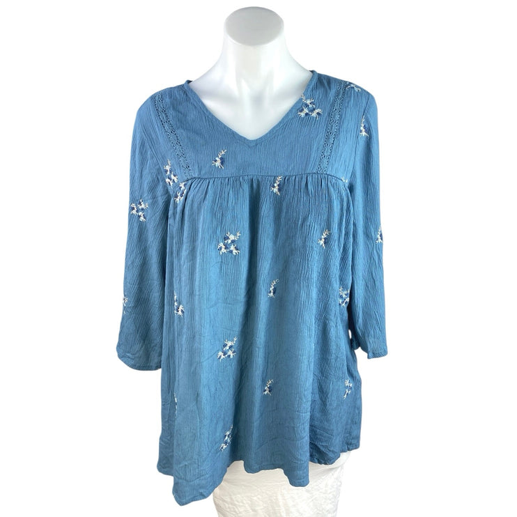 Max Blue Floral Embroidered Crochet Half Sleeve V Neck Babydoll Blouse Top Sz M