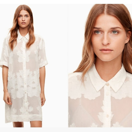 Aritzia Wilfred Hemistiche White Semi Sheer Short Sleeve Mini Shirt Dress Sz XS