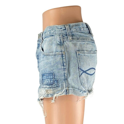 Abercrombie & Fitch Women's Blue High Waist Distressed Patcworks Denim Shorts 6