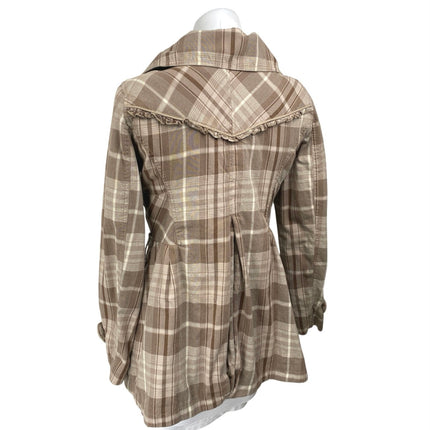 DKNY Brown Tan Plaid Checkered Double Breasted Long Sleeve Trench Coat Jacket M