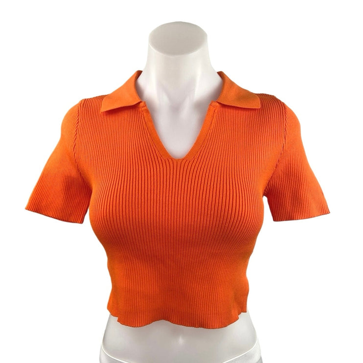 PrettyLittleThing Orange Ribbed Knit V Neck Collared Cutout Crop Top Size M