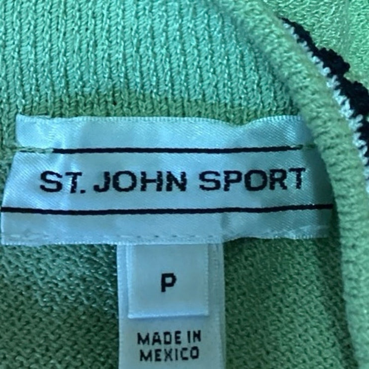 St. John Sport Green Wool Full Zip Mock Neck Striped Cardigan Sweater Top Sz XS