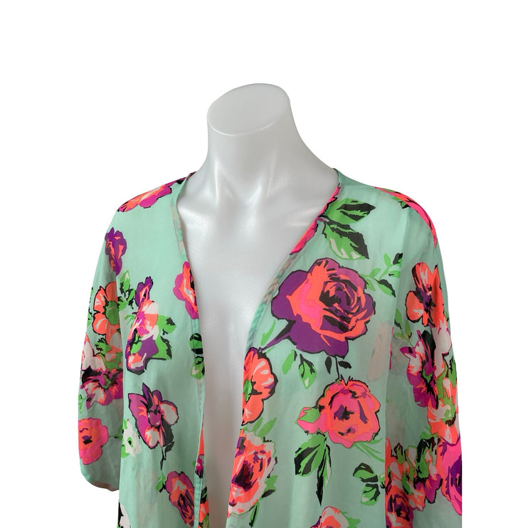 Ocean Pacific Multicolor Floral Long Sleeve Kimono Duster CoverUp Cardigan Top M