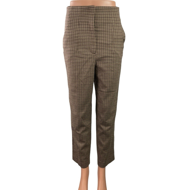 Zara Women's Brown Houndstooth High Waisted Straight Leg Dress Trousers Pants S