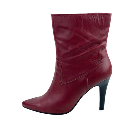 Nine West Grettleo Burgandy Leather Pointed Toe Stiletto Heels Zip Boots Size 7